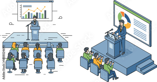 Two business presenters delivering presentations on stage with audience applauding, conference meeting, seminar event, professional corporate talks with charts and graphs