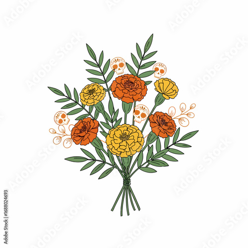 Colorful bouquet of marigold flowers, decorated with Day of the Dead skulls and papel picado, festive and symbolic.