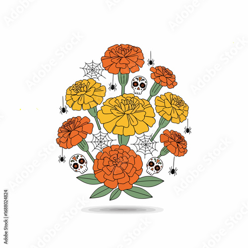 Colorful bouquet of marigold flowers, decorated with Day of the Dead skulls and papel picado, festive and symbolic.