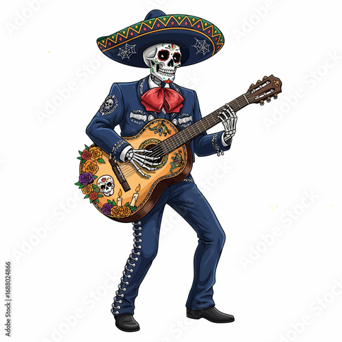 A skeleton mariachi musician in a blue charro suit and sombrero playing a decorated guitar for Día de los Muertos.