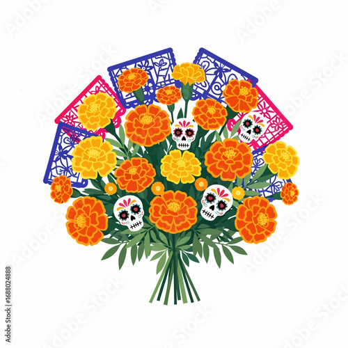 Colorful bouquet of marigold flowers, decorated with Day of the Dead skulls and papel picado, festive and symbolic.