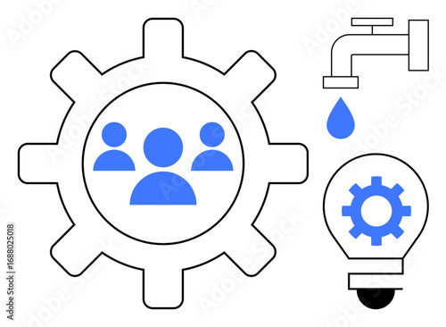 Gear with team icon, water tap dripping, and bulb with small gear. Ideal for teamwork, innovation, sustainability, engineering, brainstorming, creativity energy efficiency simple flat metaphor