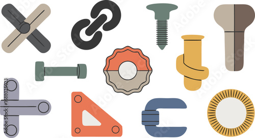 Assorted Fasteners Screw, Bolts, Link, and Shapes in Varied Tones Against White Backdrop