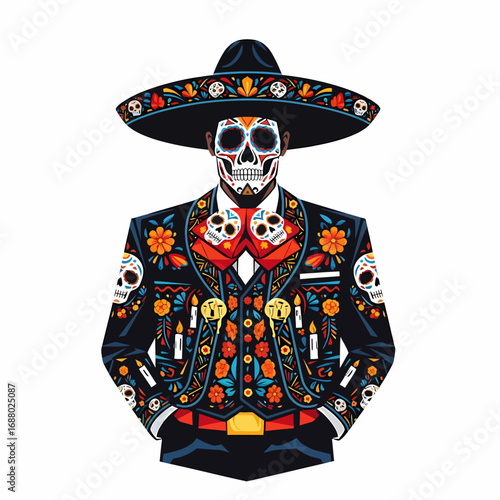 Colorful bouquet of marigold flowers, decorated with Day of the Dead skulls and papel picado, festive and symbolic.