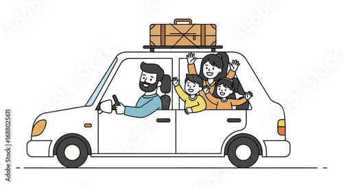 Happy Family Traveling in a Car with Luggage on Top.