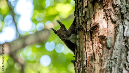 Squirrel peeking from tree trunk