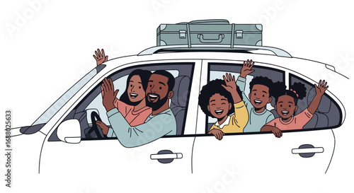 Happy Family Waving from Car Window on a Road Trip.