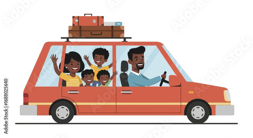 Joyful African American Family Waving from Red Car with Luggage on Top.