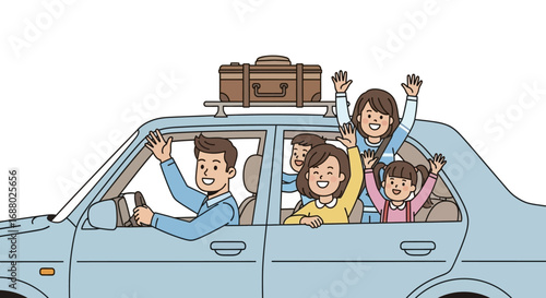 Joyful family waving from a light blue car with a brown suitcase on top.