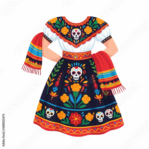 Colorful bouquet of marigold flowers, decorated with Day of the Dead skulls and papel picado, festive and symbolic.