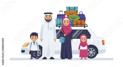 Muslim Family with Luggage Ready for Travel.