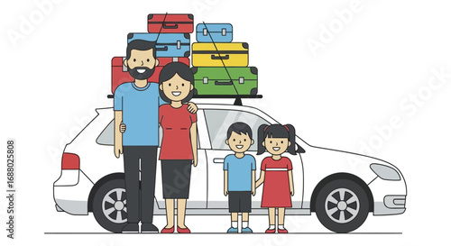 Family Ready for Road Trip with Luggage on Car Roof Smiling Together.