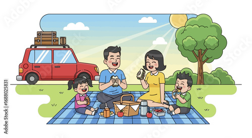 Happy Family Enjoying a Picnic Outdoors with a Car.