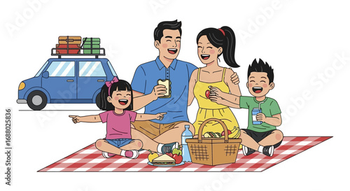 Happy Family Enjoying a Picnic with a Car in the Background.