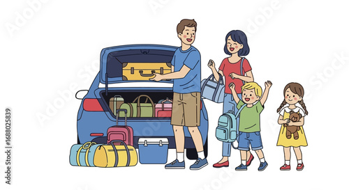 Happy Family Loading Luggage into Car for Vacation Trip 1.