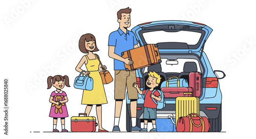 Happy Family Loading Luggage into Car for Vacation Trip.