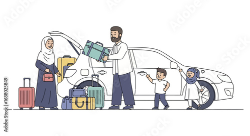 Happy Family Loading Luggage into Car for Vacation.