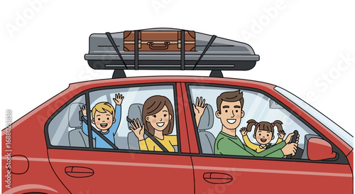 Happy Family Road Trip in Red Car with Roof Box.
