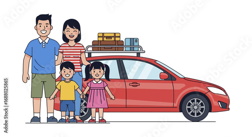 Happy Family Ready for Road Trip with Red Car and Luggage.