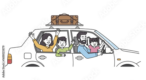 Happy Family Road Trip in White Car with Luggage.