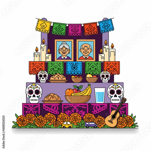 Colorful bouquet of marigold flowers, decorated with Day of the Dead skulls and papel picado, festive and symbolic.