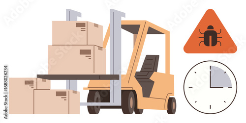 Forklift lifting stacked boxes beside orange bug warning sign and clock icon. Ideal for logistics, malware, security, time management, warehouse, efficiency, delivery systems. Simple flat metaphor