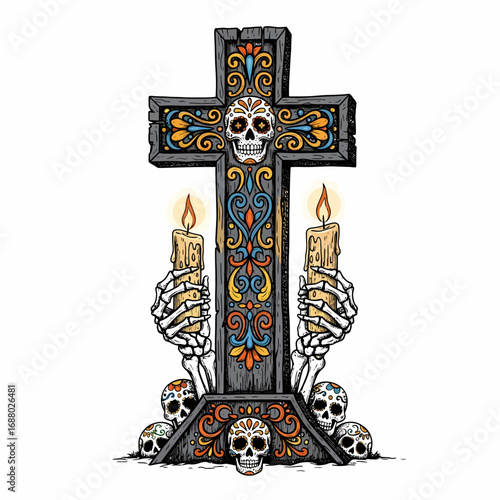 A richly decorated cross with skull motifs, flanked by skeletal hands holding lit candles, surrounded by smaller sugar skulls, evoking Day of the Dead imagery.