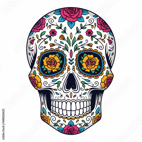 A vibrant sugar skull decorated with colorful flowers and intricate patterns, symbolizing a festive Dia de los Muertos celebration.