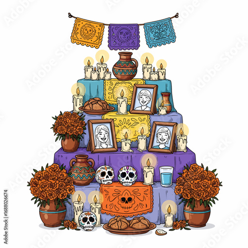 Colorful illustration of a Day of the Dead altar, adorned with candles, flowers, and portraits.