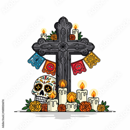 A vibrant illustration of a Day of the Dead altar with a decorated skull, candles, and cross.
