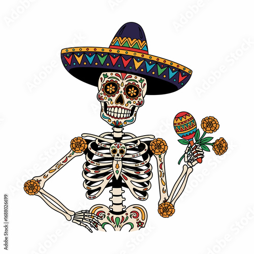 A colorful illustration of a decorated skeleton wearing a sombrero, holding maracas and flowers.