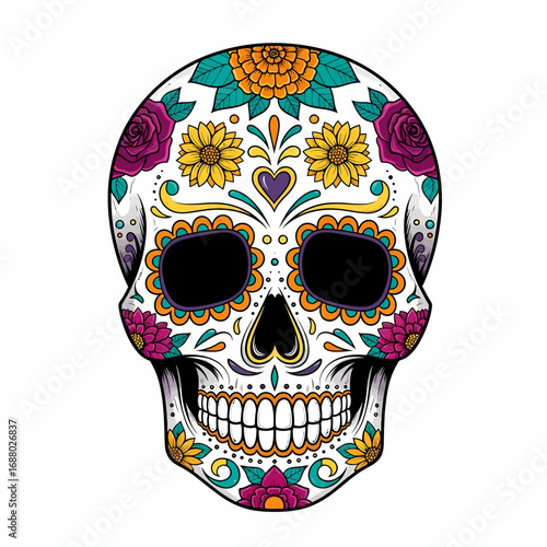 Colorful sugar skull illustration with floral decorations, heart, and intricate details, isolated on a white background, celebrating Day of the Dead.