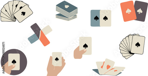 Assorted Playing Cards Featuring Spades and Hearts in Various Arrangements on White Background