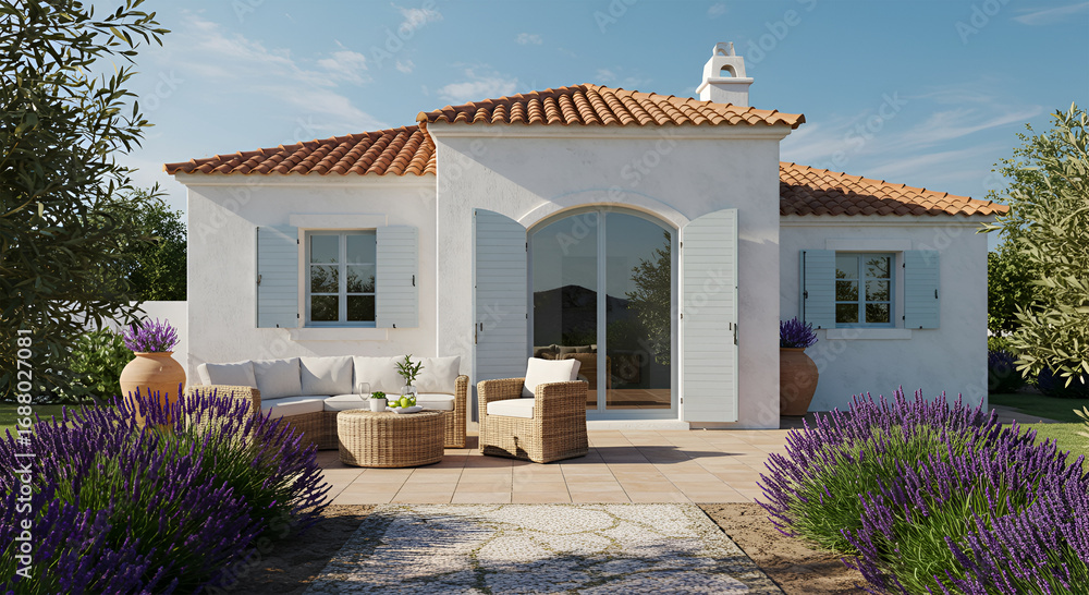 Fototapeta premium A charming, sunlit, single-story house with terracotta roof and outdoor seating.