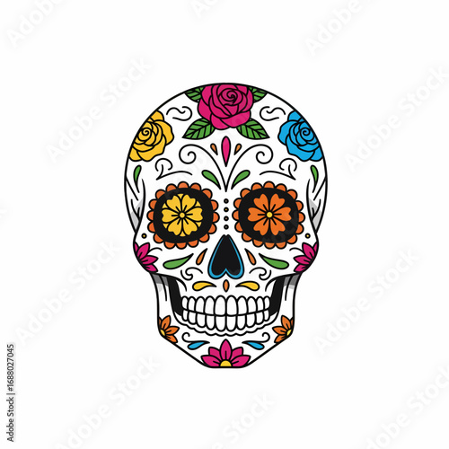 Colorful bouquet of marigold flowers, decorated with Day of the Dead skulls and papel picado, festive and symbolic.