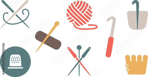 Assorted Sewing and Crafting Tools Needles, Yarn Ball, Crochet Hooks, and Thimble Illustration