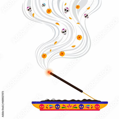 Colorful bouquet of marigold flowers, decorated with Day of the Dead skulls and papel picado, festive and symbolic.