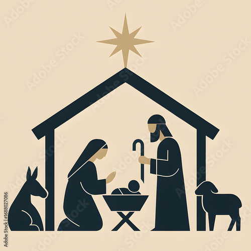 A minimalist illustration of the Nativity scene, featuring Mary, Joseph, baby Jesus, a donkey, and a sheep under a star.