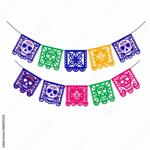 Colorful bouquet of marigold flowers, decorated with Day of the Dead skulls and papel picado, festive and symbolic.