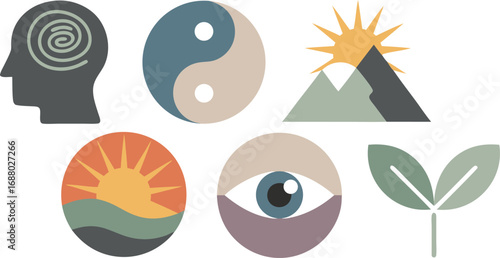 Assorted Symbol Graphics Head with Spiral, Yin Yang, Mountain Sun, Sunset, Eye, and Sprout Icons