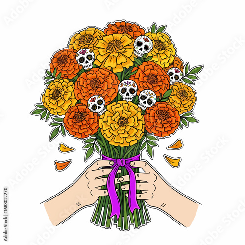 Colorful bouquet of marigold flowers, decorated with Day of the Dead skulls and papel picado, festive and symbolic.