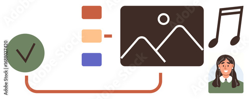 Checklist and color-coded items connect to media files, personal profile, and music elements. Ideal for content creation, project management, multimedia workflow, task tracking, creativity