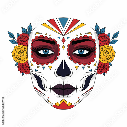 A stylized Calavera Catrina face, adorned with vibrant geometric patterns and yellow roses.