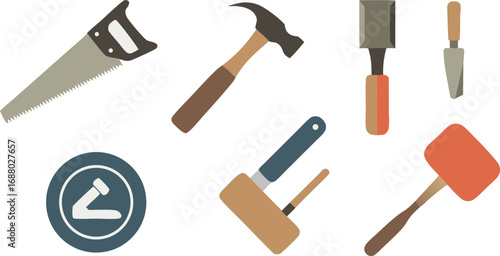Assortment of Hand Tools Saw, Hammers, Chisel, Putty Knife, and Nail Icon Illustration