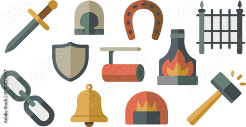 Assortment of Medieval and Blacksmithing Icons Sword, Shield, Horseshoe, Fireplace, and Hammer Tools
