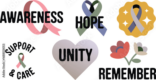 Awareness, Hope, Support, Unity, and Remembrance Featuring Ribbons, Heart, and Flowers for Solidarity
