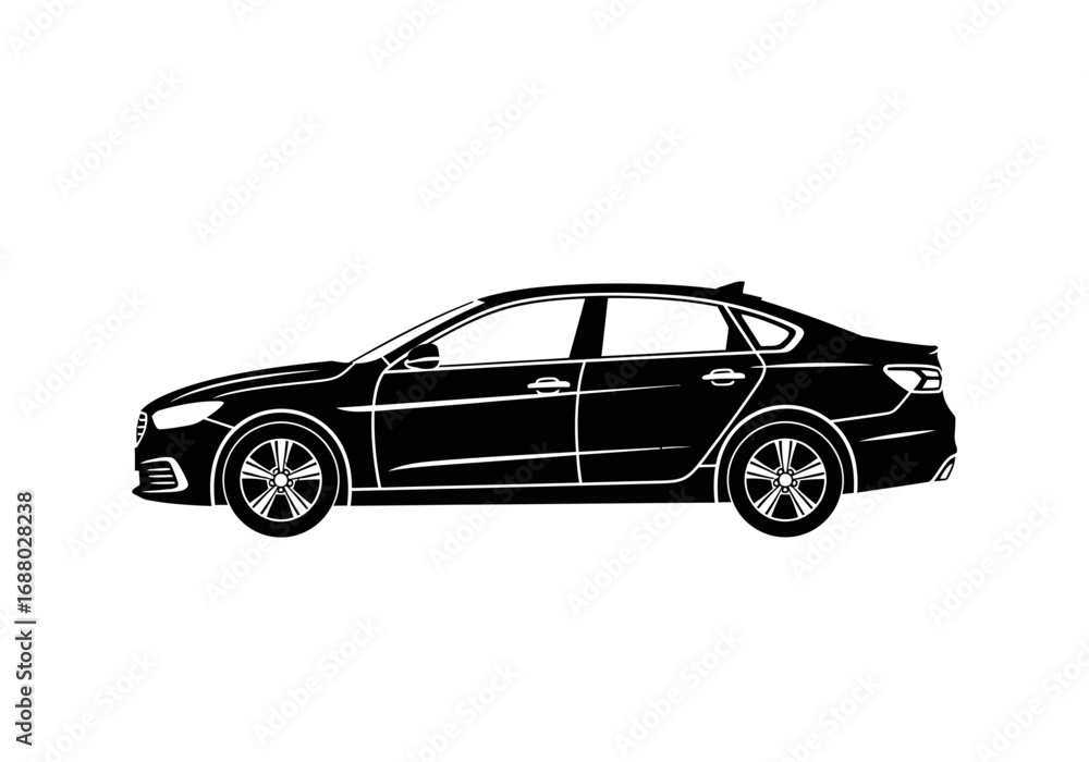 Obraz premium Sleek black modern sedan car side view. Vector illustration of a generic automobile isolated on a white background