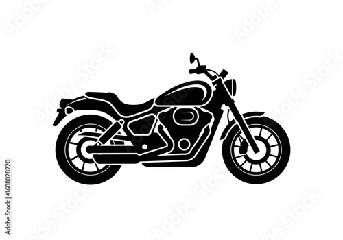 Classic cruiser motorcycle icon in a black silhouette style. Side view vector graphic of a motorbike, isolated on a white background for design
