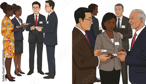 Business professionals networking and exchanging business cards during corporate event or conference meeting in formal attire with diverse participants.