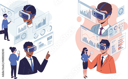 Business professionals using virtual reality headsets analyzing data charts, futuristic technology, digital analytics, immersive interface, innovation, teamwork, modern workspace.